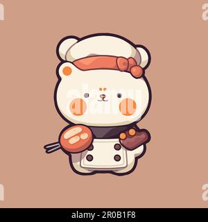 A cute cartoon bear with a hat and a bow is holding a pastry. Stock Vector