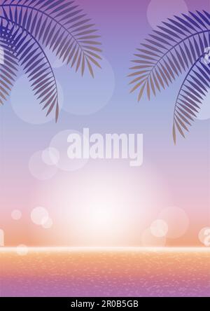 Vector Tropical Resort Background At Sunrise Or Sunset With Sky, Ocean, And Palm Leaves. Stock Vector