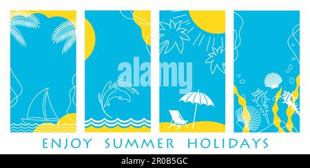 Vector Summer Greeting Card Template Set With Beach, Ocean, Blue Sky, And Text Space Isolated On A White Background. Stock Vector