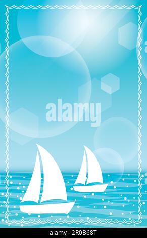 Vector Seascape Background Illustration With Blue Sky And Yachts Sailing In The Sea. Stock Vector