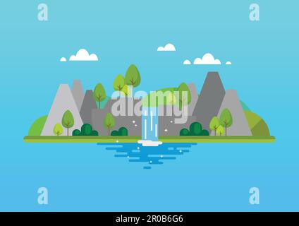 Waterfall mountain beautiful landscape flat style. Vector illustration Stock Vector