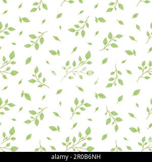 Green leafy branch birch seamless pattern flat. Forest garden fresh spring summer plant blooming print tree twig bush floral textile home decor natural care cosmetic wallpaper cover web wrap backdrop Stock Vector