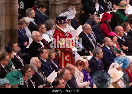 The King Charles III and Queen Consort, Westminster Abbey. Charles and Camilla leave the Abbey through the Great West Door Stock Photo