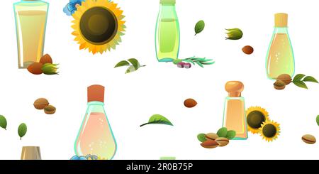 Natural oils items seamless pattern. Cartoon style. Extracted from nuts and plant seeds. Clean natural food. Product for healthy lifestyle and cooking Stock Vector