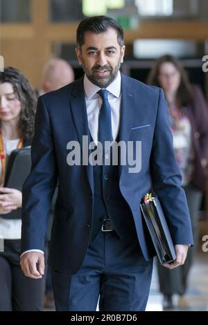 File photo dated 04/05/23 of First Minister of Scotland Humza Yousaf arrives for First Minster's Questions at the Scottish Parliament in Holyrood, Edinburgh. Mr Yousaf has been accused of negligence after it was revealed a key pledge to recruit an additional 1,000 mental health specialists has been delayed. Ministers confirmed to Scottish Labour that the 2021/22 Programme for Government (PfG) commitment has 'not yet commenced' due to 'difficult decisions' set out in November's emergency budget review. Issue date: Monday May 8, 2023. Stock Photo