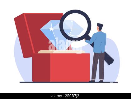 Jewelers appraiser looks at large diamond through magnifying glass. Man examines gemstone. Quality check process. Jewellery expert, male character Stock Vector