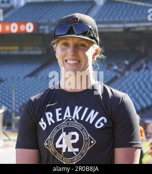 San Francisco Giants assistant coach Alyssa Nakken is pictured during  pregame practice in San Francisco in April 2023. Nakken became the first  female coach on a Major League Baseball staff when she