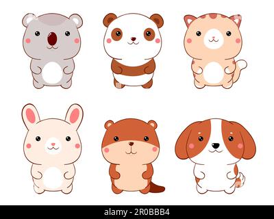 Set of cute fat cartoon animals in kawaii style. Collection of lovely animal baby. Funny dog, cat, panda, beaver, koala, bunny. Vector illustration EP Stock Photo