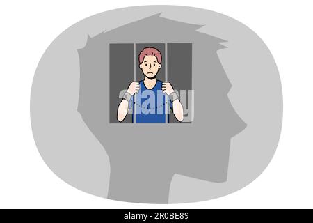 Man in jail inside human head suffer from freedom of thoughts or rights. Unhappy imprisoned male locked in mind have life restrictions and bans. Brain prison. Vector illustration. Stock Vector