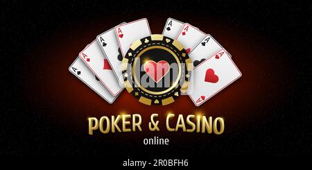 Illustration with text Poker and Casino. Realistic playing chip with heart suit, gambling tokens. Fans of playing cards ace of all suits. Gambling ban Stock Photo