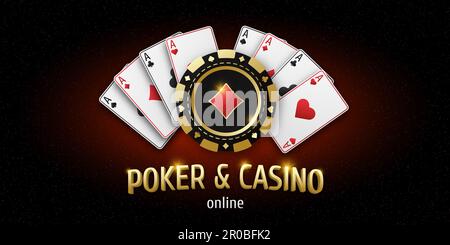 Illustration with text Poker and Casino. Realistic playing chip with diamond suit, gambling tokens. Fans of playing cards ace of all suits. Gambling b Stock Photo
