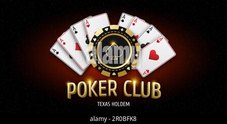 Illustration with text Poker and Casino. Realistic playing chip with the suit of spades, gambling tokens. Fans of playing cards ace of all suits. Gamb Stock Photo