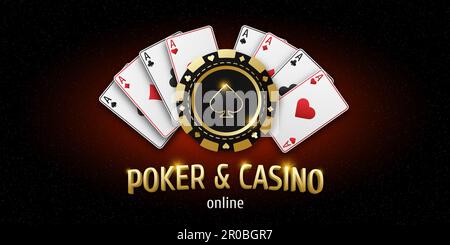 Illustration with text Poker and Casino. Realistic playing chip with the suit of spades, gambling tokens. Fans of playing cards ace of all suits. Gamb Stock Photo
