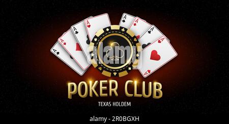 Illustration with text Poker and Casino. Realistic playing chip with the suit of clubs, gambling tokens. Fans of playing cards ace of all suits. Gambl Stock Photo