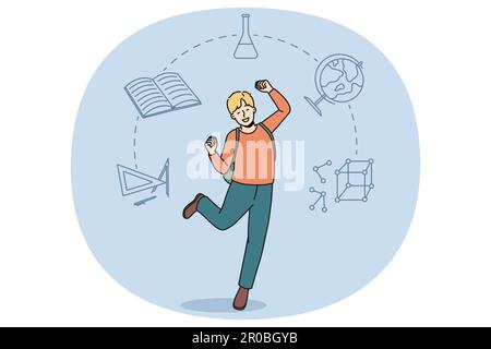 Happy boy child feel excited about being back to school. Smiling kid pupil euphoric about lessons start. Education and learning concept. Flat vector illustration, cartoon character. Stock Vector