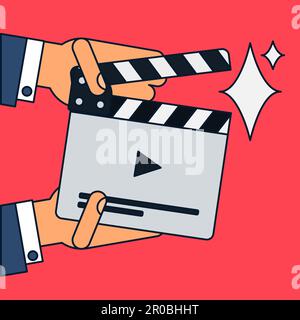 Flat movie clapperboard symbol in hands. Stylish blank movie clapperboard elements. Vector Stock Vector