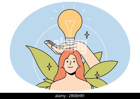 Huge hand holding lightbulb above smiling woman head. Happy female generate creative ideas brainstorm think over plans or thoughts. Visualization concept. Vector illustration. Stock Vector