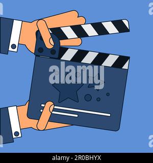 Flat movie clapperboard symbol in hands. Stylish blank movie clapperboard elements. Vector Stock Vector