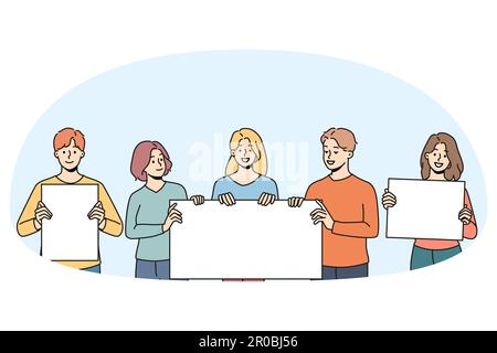 Diverse people protesters with mockup placards on manifestation or protest. Men and women activists with banners or signs on street demonstration or revolution. Vector illustration. Stock Vector