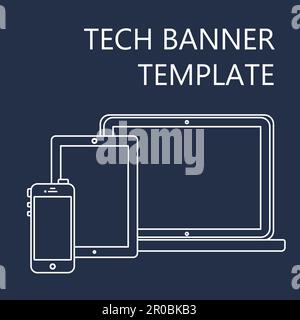 Adaptive Web Phone Template and Gadget Banner on Smartphone, Tablet, Notebook. Outline minimalistic pad, phone, laptop mockups. Vector Stock Vector
