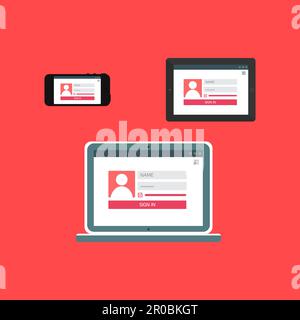 Adaptive Web Template and Gadget Elements for site form of login to account on Smartphone, Tablet, Notebook. Flat minimalistic pad, phone, laptop mock Stock Vector