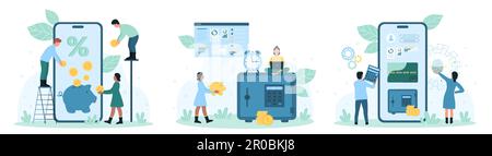 Banking online set vector illustration. Cartoon tiny people pay coins into piggy bank on mobile phone screen, customers work with bank account app and credit card, using money safe and digital wallet Stock Vector