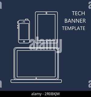 Adaptive Web Phone Template and Gadget Banner on Smartphone, Tablet, Notebook. Outline minimalistic pad, phone, laptop mockups. Vector Stock Vector