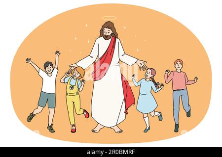 Smiling little kids dancing around Jesus Christ feeling joyful and excited. Jesus share love and care communicate with small children. Faith and religion. Flat vector illustration. Stock Vector