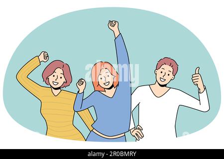 Happy diverse young people feel joyful dancing relaxing together. Smiling millennial friends have fun enjoy party or celebration laughing and joking. Flat vector illustration, cartoon character. Stock Vector