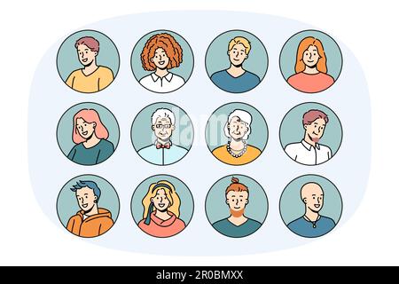 Set of headshot avatars of people of different ages and genders. Head portraits of men and women faces. Collection of young and old generation persons. Diversity. Vector illustration. Stock Vector