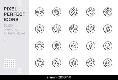 Fabric material protection line icon set. Sweat resistant, antibacterial proof, antistatic minimal vector illustration. Simple outline sign for Stock Vector