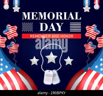 Memorial Day - Remember and honor with 3d vector elements of the United States flag, dogtags, balloons and medals Stock Vector