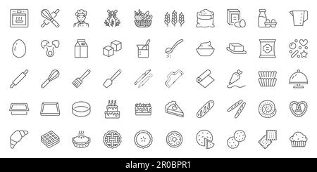 Bakery line icons set. Baking whisk, egg, flour, oven, mill, bread basket, birthday cake, pastry bag, wheat, croissant vector illustration. Outline Stock Vector