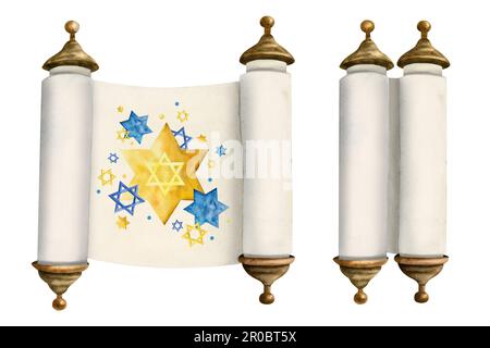 Watercolor open and closed Torah scrolls with yellow blue stars of David illustration set for Jewish designs Stock Photo