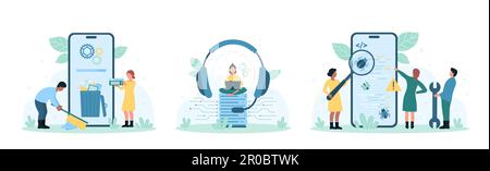 Data management set vector illustration. Cartoon tiny people holding magnifying glass and broom to analyze and remove bugs in memory of phone, cleaning smartphone form spam emails and documents Stock Vector