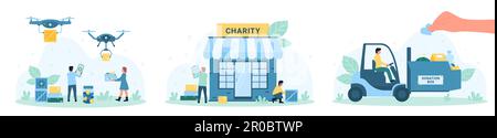 Charity delivery service set vector illustration. Cartoon tiny people drive forklift with boxes of humanitarian aid, volunteers deliver parcels with medicines and food using drones from warehouse Stock Vector