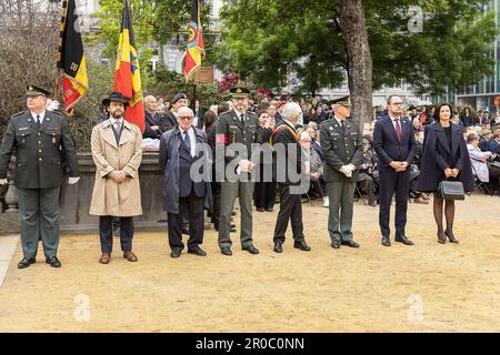 Brussels, Belgium. 08th May, 2023. Illustration picture shows representatives of the Belgian Government and Military Defence pictured during the commemoration ceremony of the 78th anniversary of the end of the Second World War in Europe, at the Tomb of the Unknown Soldier, in Brussels, Monday 08 May 2023. Exactly 78 years ago, on May 8, 1945 at 3:00 pm, the European population learned that the Second World War was coming to an end. The German army signed their capitulation the night before and the Allies were victorious. With the end of this war, a new era started for Belgium, Europe and the w Stock Photo