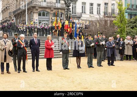 Brussels, Belgium. 08th May, 2023. Illustration picture shows representatives of the Belgian Government, the Royal Palace and Military Defence the commemoration ceremony of the 78th anniversary of the end of the Second World War in Europe, at the Tomb of the Unknown Soldier, in Brussels, Monday 08 May 2023. Exactly 78 years ago, on May 8, 1945 at 3:00 pm, the European population learned that the Second World War was coming to an end. The German army signed their capitulation the night before and the Allies were victorious. With the end of this war, a new era started for Belgium, Europe and the Stock Photo