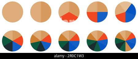 Set of circle pie chart signs. Colorful diagram with 10 sections. Vector illustration Stock Vector