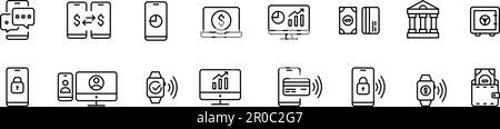 Contactless payment using NFC technology. Smartphone, smart watch, wallet and p2p transactions. Pixel perfect icons set Stock Vector