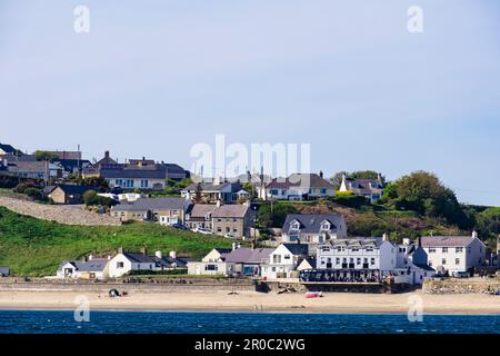 Offshore view across sea to beach and seafront in Aberdaron, Llyn Peninsula, Gwynedd, north Wales, UK, Britain Stock Photo