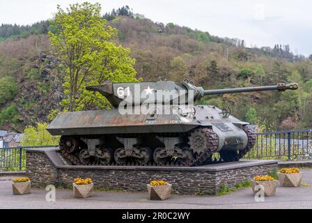 Achilles M-10 Tank Destroyer monument to commemorate the British participation in the Battle of the Bulge during WWII, location La roche en Ardenne Stock Photo