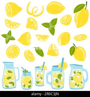 Set of lemons and bottles with lemonade. Vector illustration of citrus fruit, glass, jars with fresh summer drink, mint for web design, logo Stock Vector