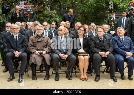 Brussels, Belgium. 08th May, 2023. Illustration picture shows representatives of different countries pictured during the commemoration ceremony of the 78th anniversary of the end of the Second World War in Europe, at the Tomb of the Unknown Soldier, in Brussels, Monday 08 May 2023. Exactly 78 years ago, on May 8, 1945 at 3:00 pm, the European population learned that the Second World War was coming to an end. The German army signed their capitulation the night before and the Allies were victorious. With the end of this war, a new era started for Belgium, Europe and the world. BELGA PHOTO JAMES  Stock Photo