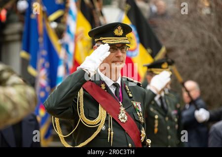 Brussels, Belgium. 08th May, 2023. a representative of the Royal Palace pictured during the commemoration ceremony of the 78th anniversary of the end of the Second World War in Europe, at the Tomb of the Unknown Soldier, in Brussels, Monday 08 May 2023. Exactly 78 years ago, on May 8, 1945 at 3:00 pm, the European population learned that the Second World War was coming to an end. The German army signed their capitulation the night before and the Allies were victorious. With the end of this war, a new era started for Belgium, Europe and the world. BELGA PHOTO JAMES ARTHUR GEKIERE Credit: Belga  Stock Photo