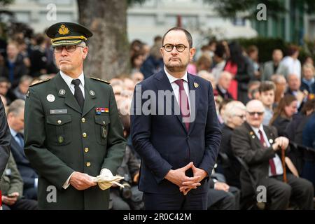 Brussels, Belgium. 08th May, 2023. Federal Minister Vincent Van Quickenborne pictured during the commemoration ceremony of the 78th anniversary of the end of the Second World War in Europe, at the Tomb of the Unknown Soldier, in Brussels, Monday 08 May 2023. Exactly 78 years ago, on May 8, 1945 at 3:00 pm, the European population learned that the Second World War was coming to an end. The German army signed their capitulation the night before and the Allies were victorious. With the end of this war, a new era started for Belgium, Europe and the world. BELGA PHOTO JAMES ARTHUR GEKIERE Credit: B Stock Photo