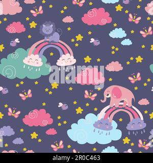 Seamless childish pattern with lion, elephant, butterfly,clouds, rainbow and stars. Stock Vector