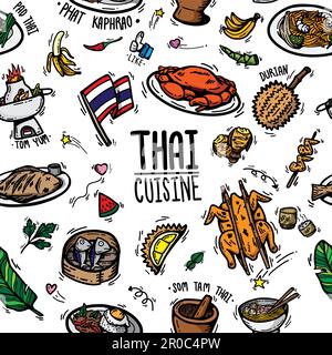 cute doodle cartoon regional tasty Thai foods popular menu , desserts ,fruit and ingredients. drawing seamless pattern background vector outline Stock Vector