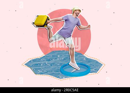 Collage 3d pinup pop retro sketch image of funky excited guy hurrying new trip isolated painting background Stock Photo