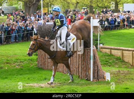 Badminton, UK. 07th May, 2023. 07 May 2023 - Badminton Horse Trials - Cross-Country Test - Badminton - Gloucestershire Caroline Clarke rides Touch Too Much during the Cross-Country Test at the Badminton Horse Trials. Picture Credit: Mark Pain/Alamy Live News Stock Photo